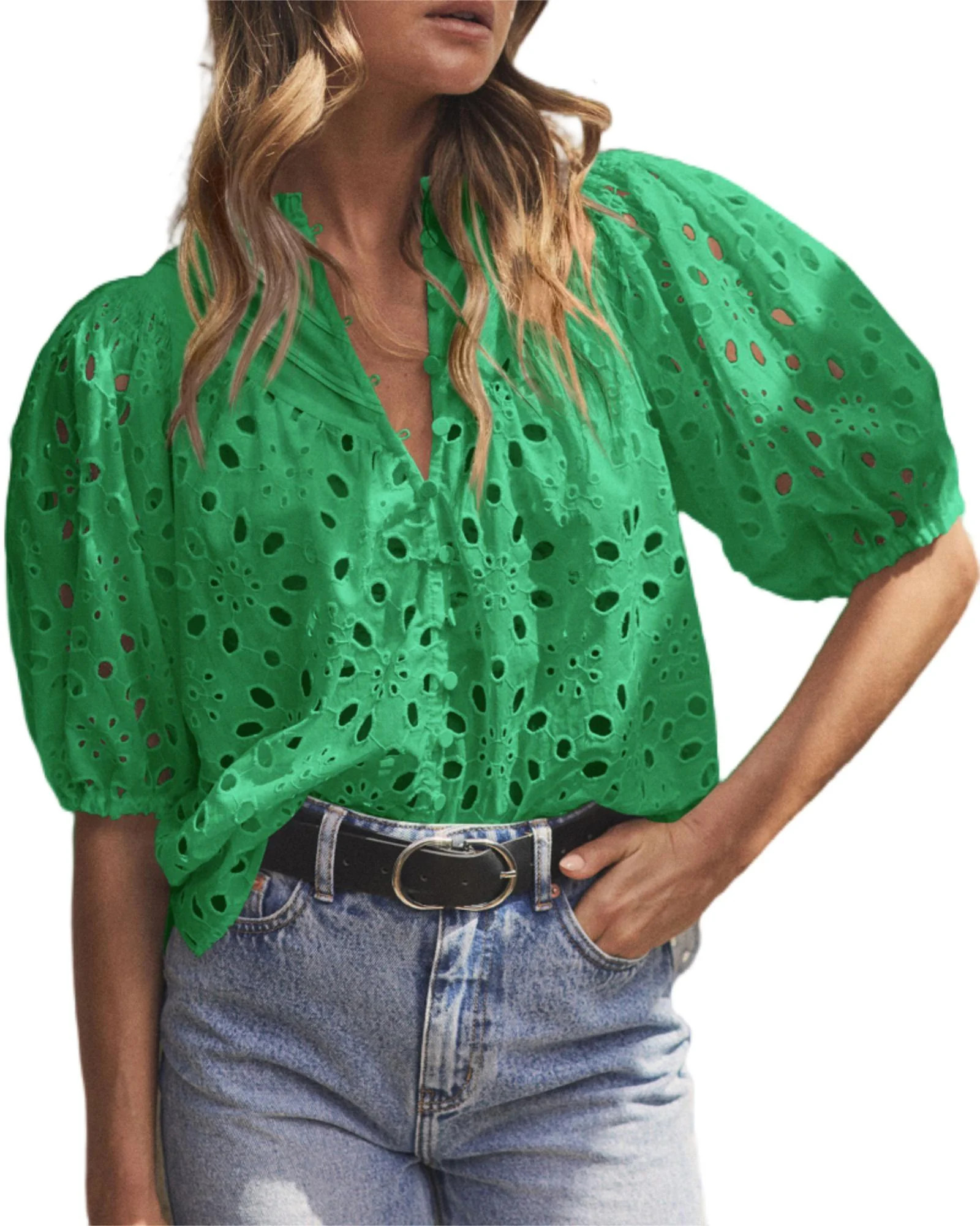 PRETTYGARDEN Women's Summer Tops Dressy Casual Short Lantern Sleeve V Neck Buttons Hollow Out Lac... | Walmart (US)