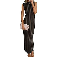 Wenrine Womens Sleeveless Sweater Dress Mock Neck Ribbed Knit Fall Tank Maxi Dresses | Amazon (US)