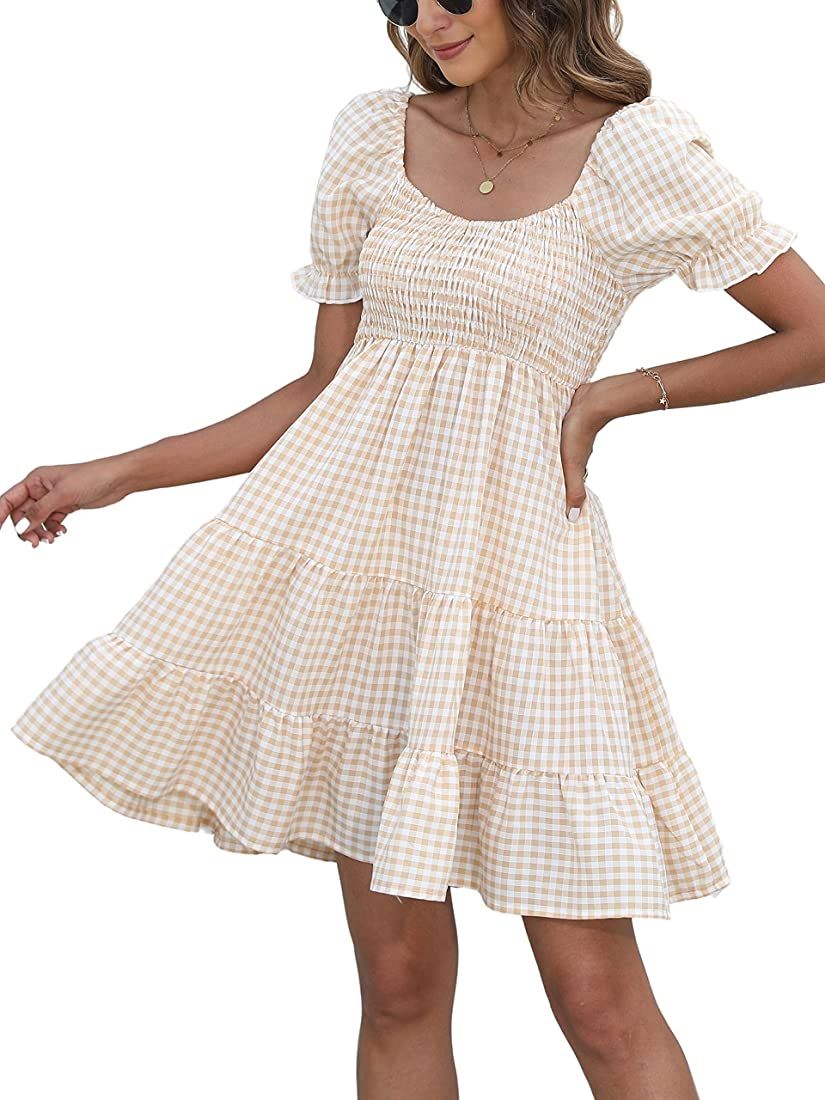 Dokuritu Women's Dresses Summer Plaid Gingham Checkered Cottagecore Puff Sleeve Smocked Cute Teen Ba | Amazon (US)