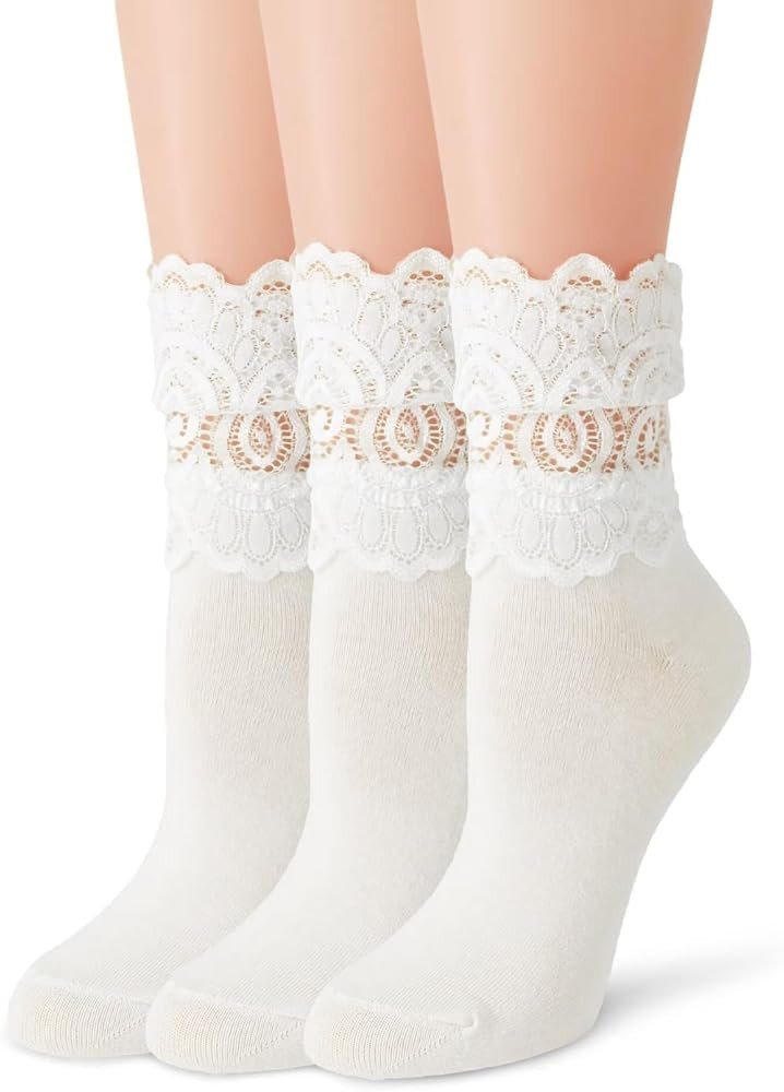 Womens Lace Cotton Socks Transparent Mesh Ruffle Dress Calf Socks | Amazon (US)