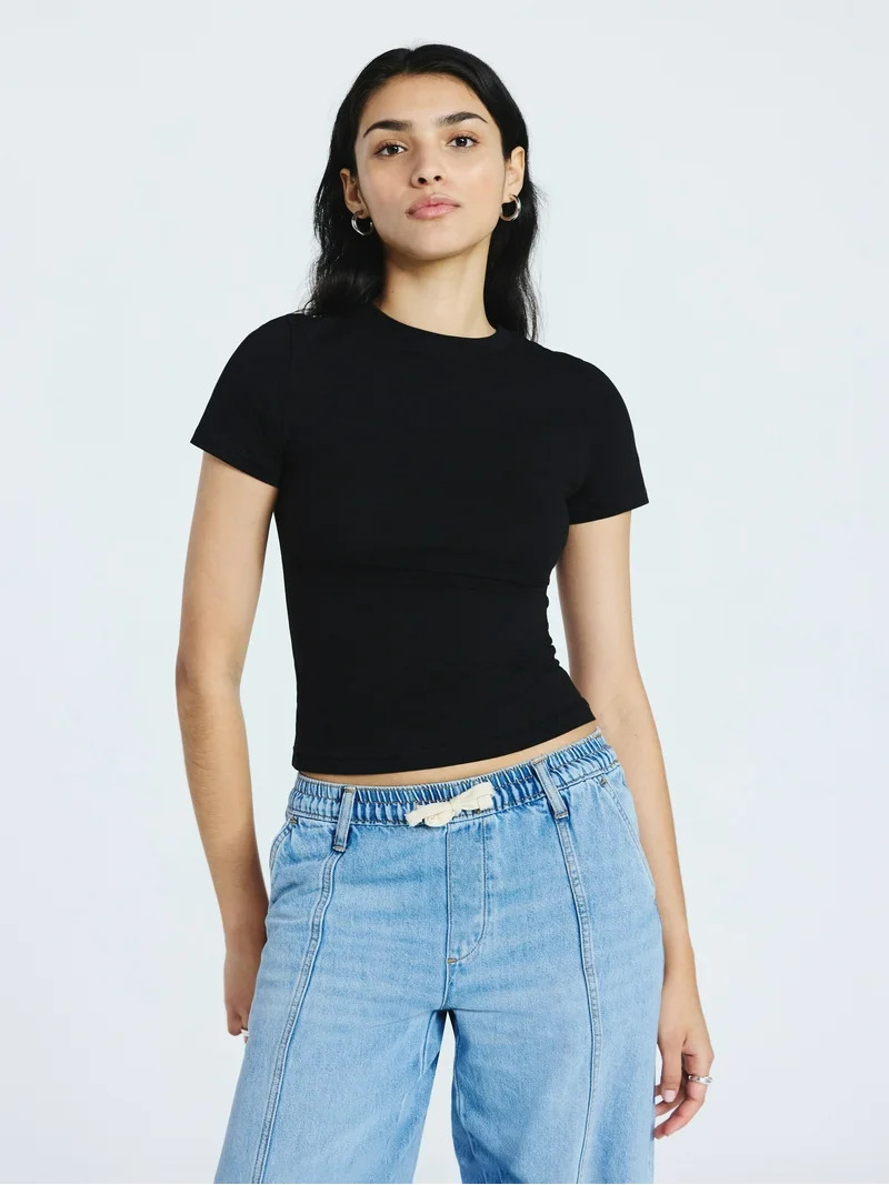 Scoop Women’s Stretch Cotton Blend Baby Tee with Short Sleeves, XS-XXL | Walmart (US)