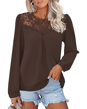 Boho Tops for Women Flowy Tops Long Sleeve Shirts Dressy Casual Chiffon Blouse Lace Hem Crochet C... | Amazon (US)