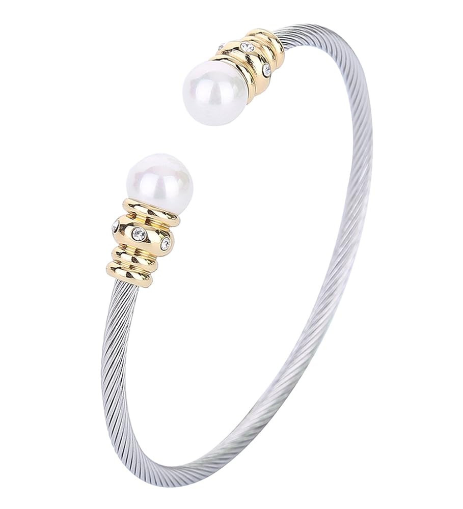 3MM Cable Wire Bracelet Stainless Steel Created-pearl CZ Twisted Cuff Bangle for Women | Amazon (US)