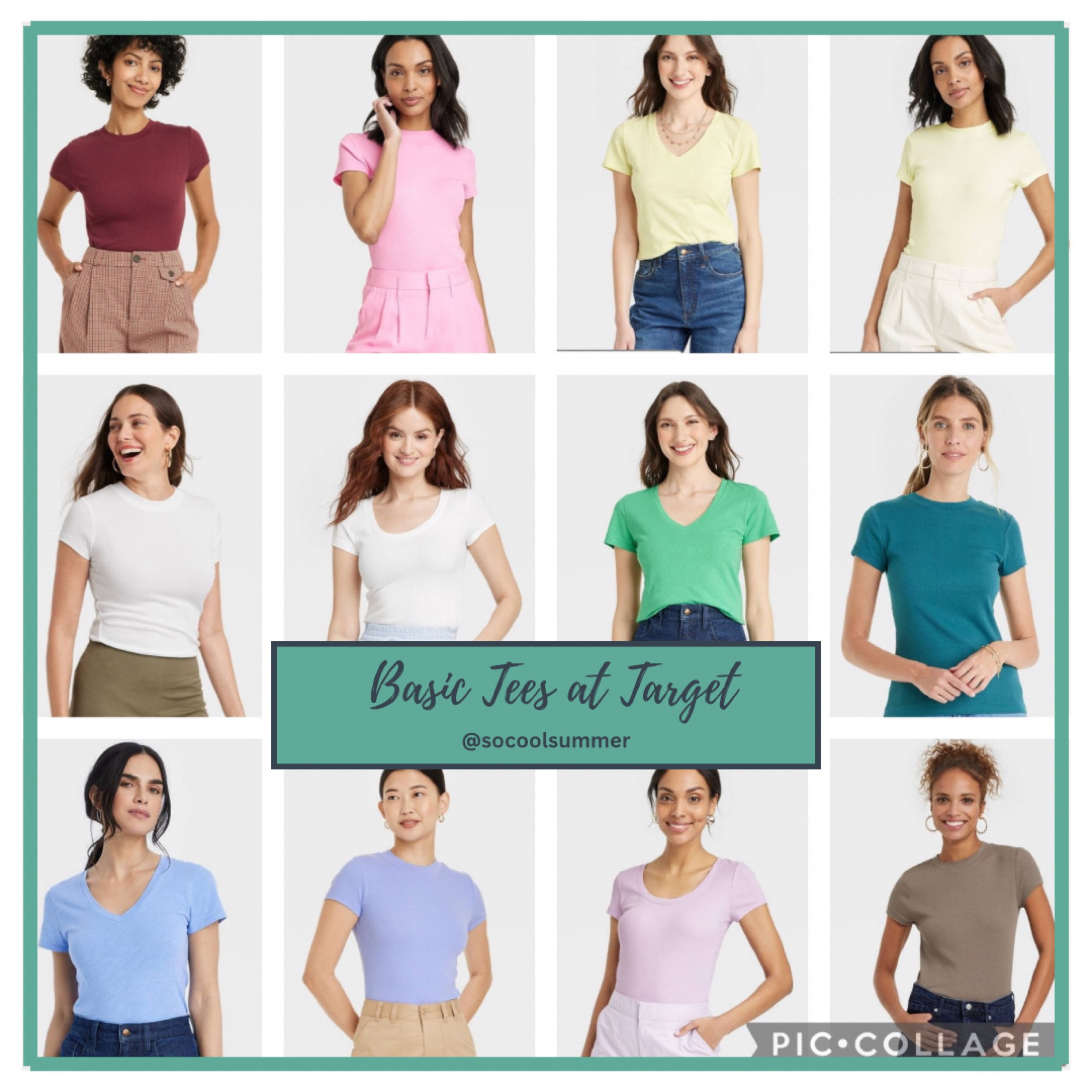 Basic tees in good summer colors at Target. Pick your favorite neckline. Many of these also come in tank versions!

Hoc summer, cool summer, light summer, true summer, soft summer, jade, burgundy, cool yellow, periwinkle, cornflower, sea green, rose brown

#LTKfindsunder50 #LTKSeasonal #LTKsalealert