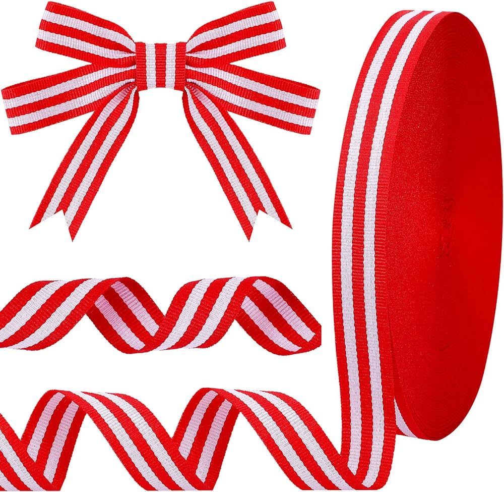 50 Yards Christmas Striped Ribbon Grosgrain Fabric Ribbon Red White and Black Candy Cane Craft Wr... | Amazon (US)