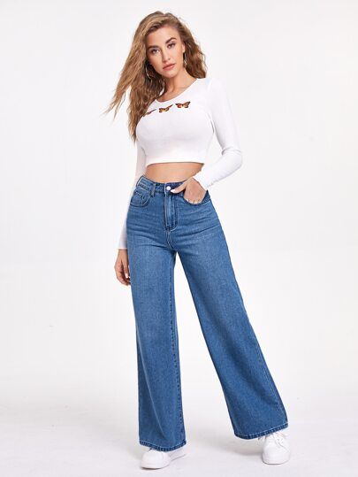 Mid Wash Wide Leg Jeans | SHEIN