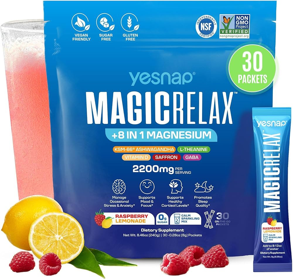 MAGICRELAX Calming Sparking Mix 8-in-1 Magnesium KSM-66 Ashwagandha Saffron Vitamin D3 GABA L-The... | Amazon (US)