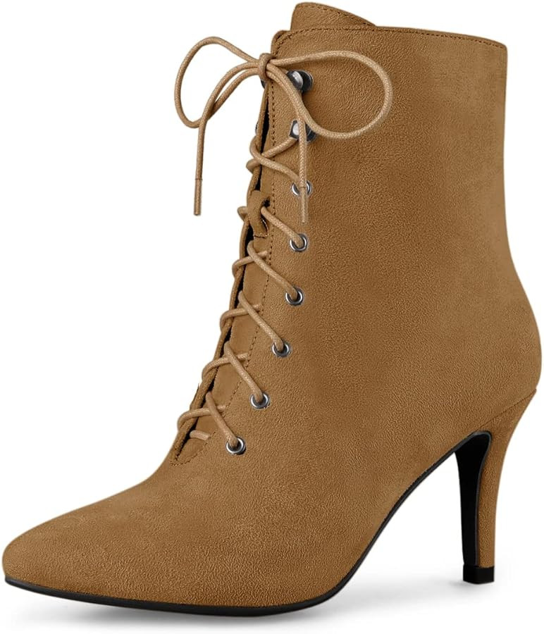 Allegra K Women's Pointy Toe Zip Lace Up Stiletto Heel Ankle Boots | Amazon (US)