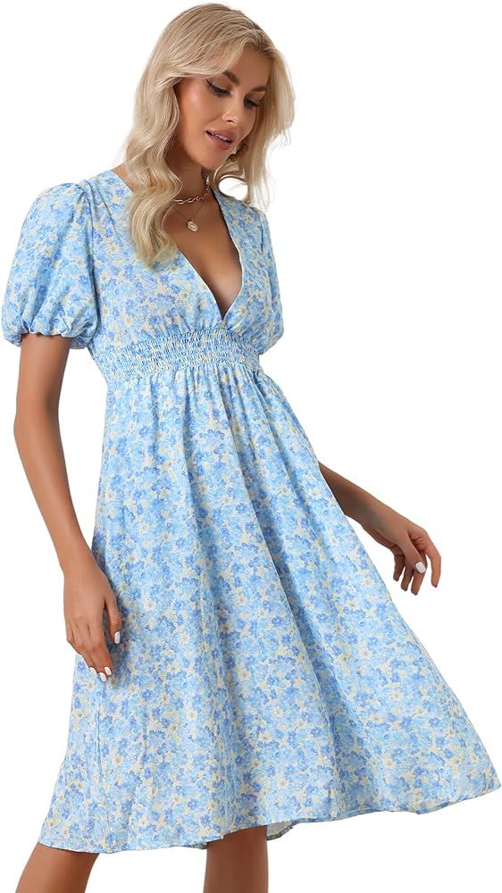 Allegra K Women's Floral Dresses with Pockets Puff Short Sleeve Midi Deep V Neck Dress | Amazon (US)