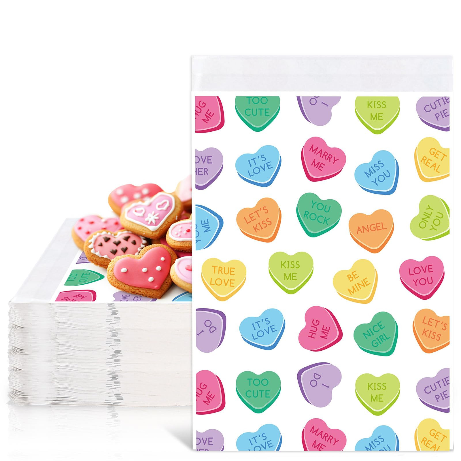 JarThenaAMCS 100Pcs Valentine's Day Treat Bags Self-Adhesive Conversation Heart Candy Buffet Bags... | Amazon (US)