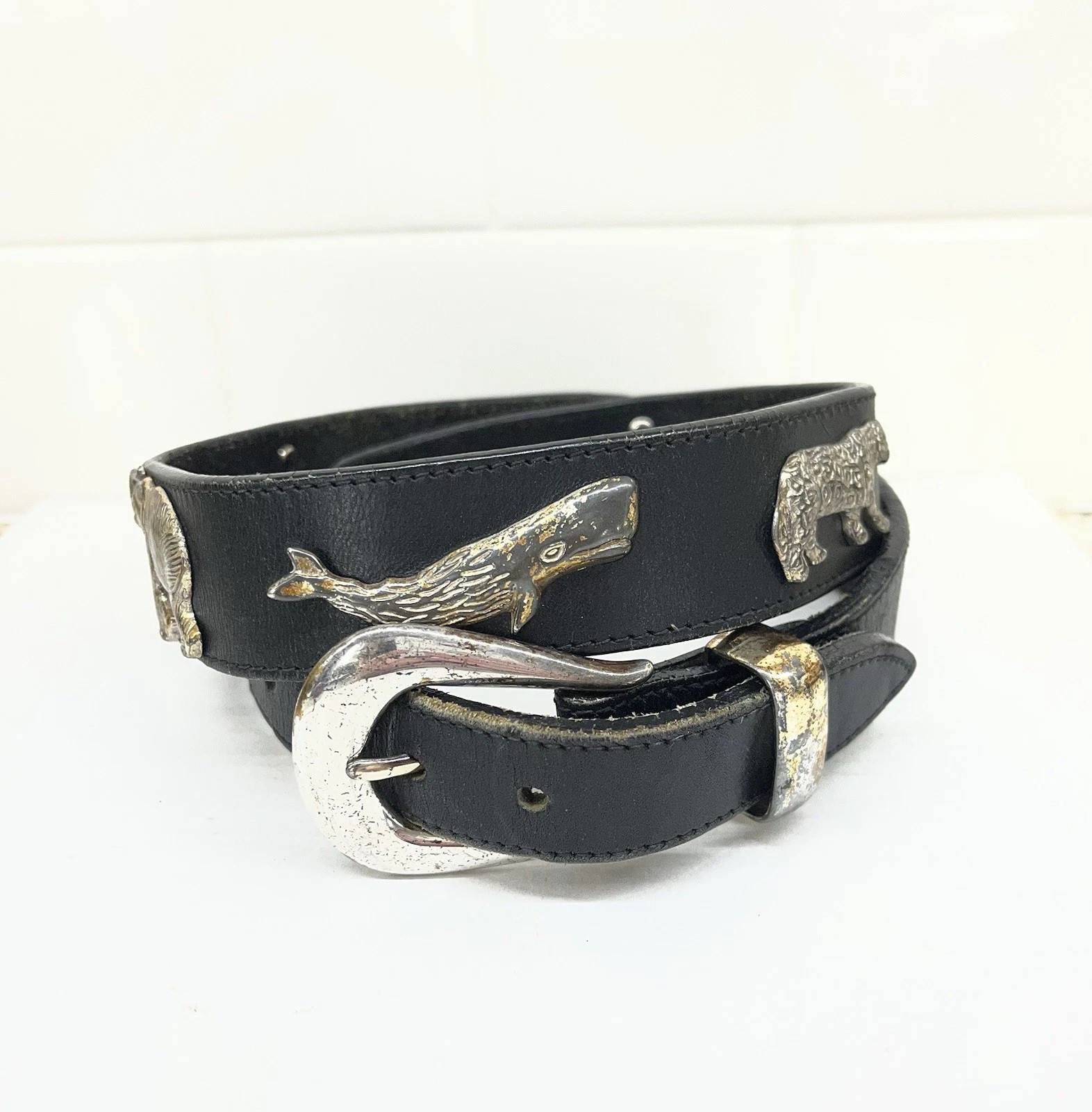 VTG 1992 Honest Black Leather Belt With Metal Animals Brass Buckle Size 30 60403 | eBay | eBay US