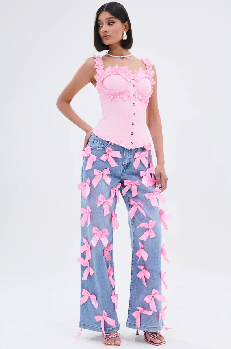 PRETTY IN PINK BOW DETAIL DENIM JEANS | AKIRA