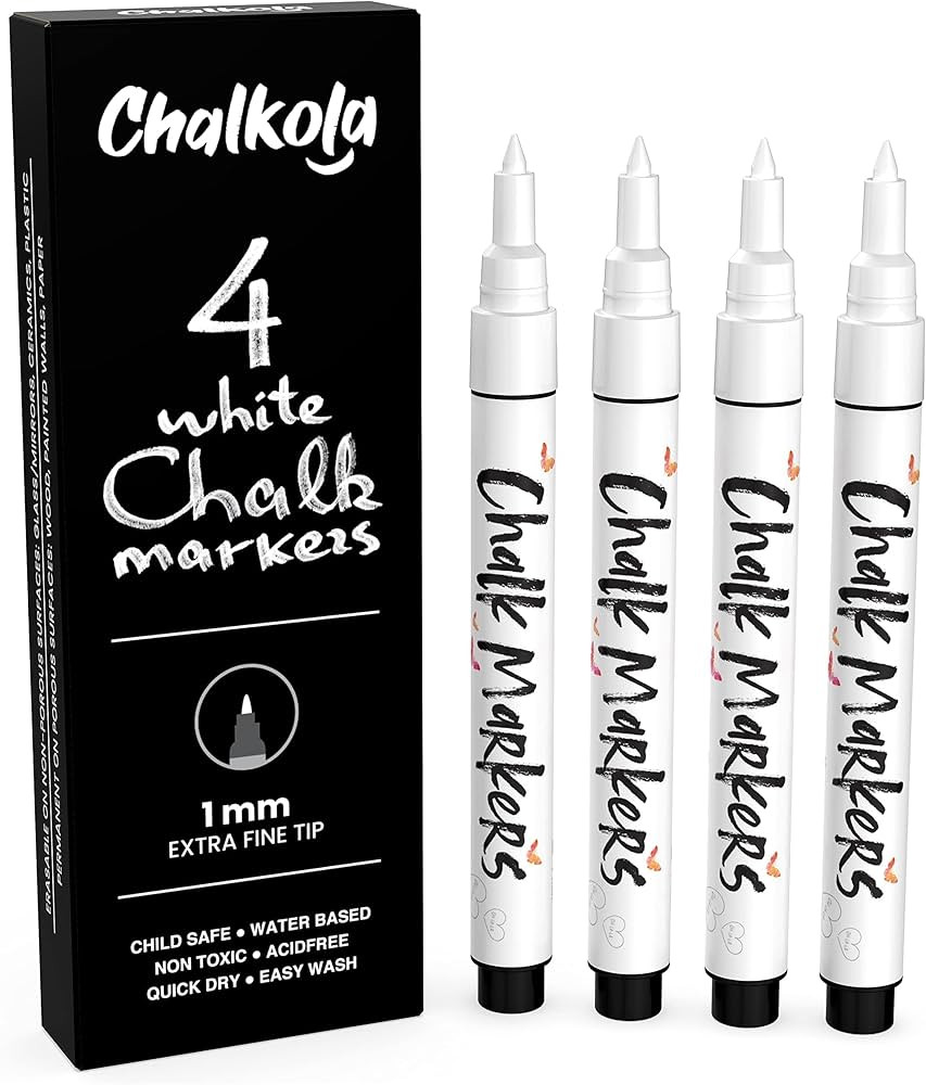 Extra Fine Tip White Chalk Markers (4 Pack 1mm Point) Chalk Pens - White Dry Erase Marker Pen for... | Amazon (US)