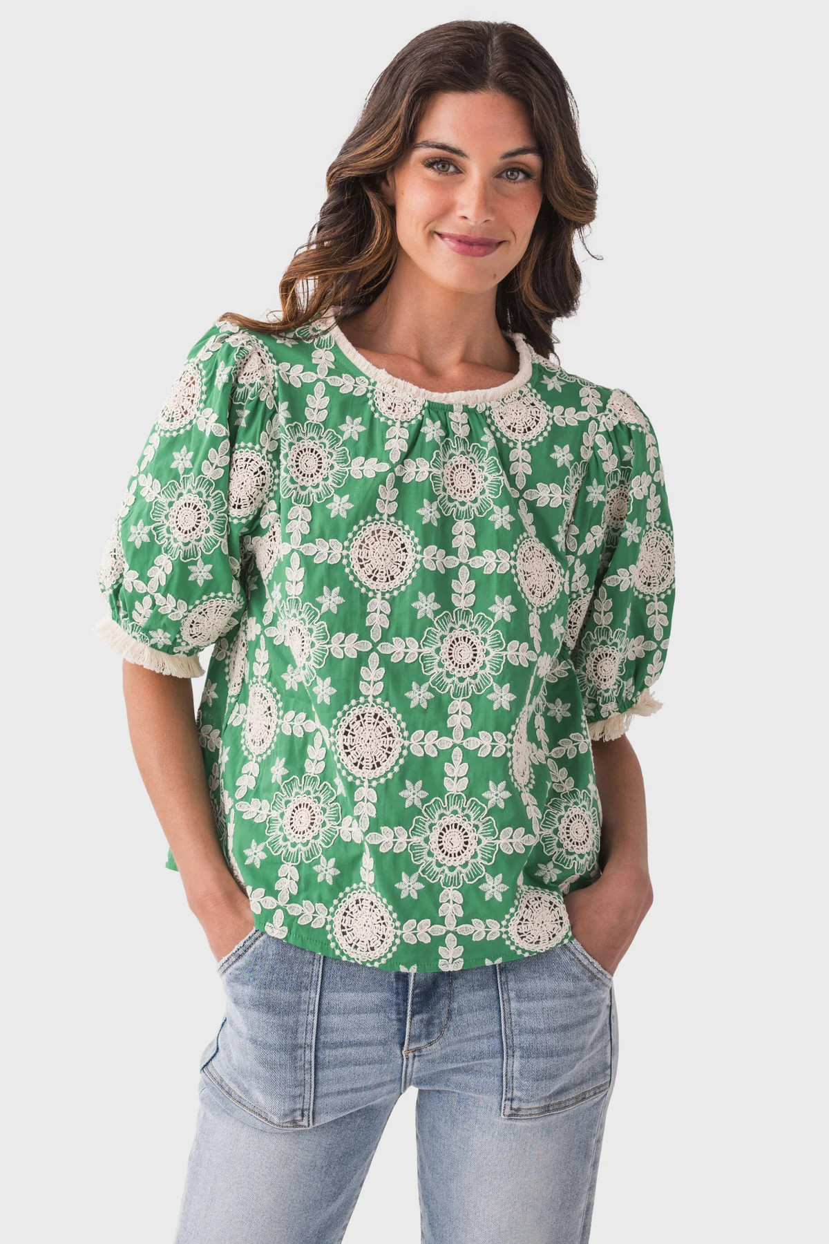 Voy Tegan Embroidered Cotton Fringe Detailed Summer Top | Social Threads