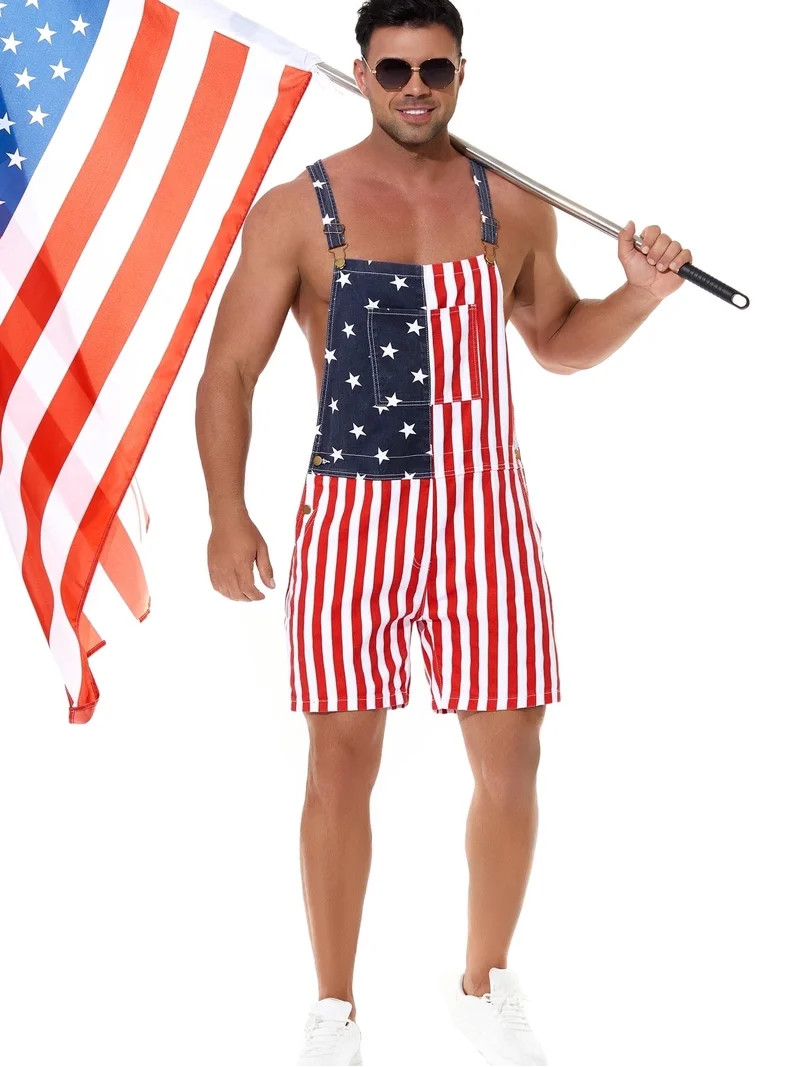 250th Anniversary American Flag Overalls Denim Bib Jumpsuit Shorts Jean Romper for Men | Walmart (US)