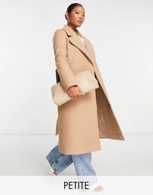 Ever New Petite formal wrap coat with tie belt in camel | ASOS (Global)