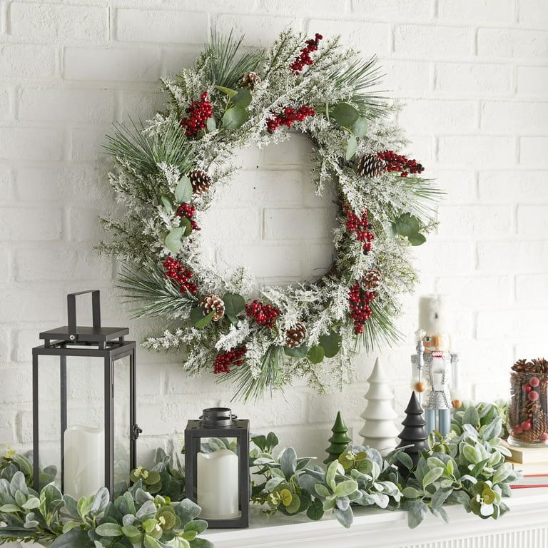 Holiday Time Lambs Ear Red Berries Christmas Wreath, 28 Inch | Walmart (US)