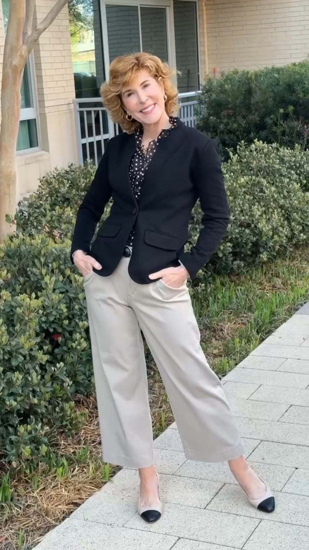 This knit blazer is one of those staples you'll reach for again and again... structured enough to elevate your look, but soft with just the right amount of stretch.
I paired it with a #gibsonlook feminine polka dot ruffle blouse with soft puff sleeves and a flattering V-neckline, tailored cropped wide-leg pants that create such a clean, elongating silhouette, and classic slingback heels with the perfect amount of height for all-day wear. 

#LTKSeasonal #LTKootd #LTKWorkwear