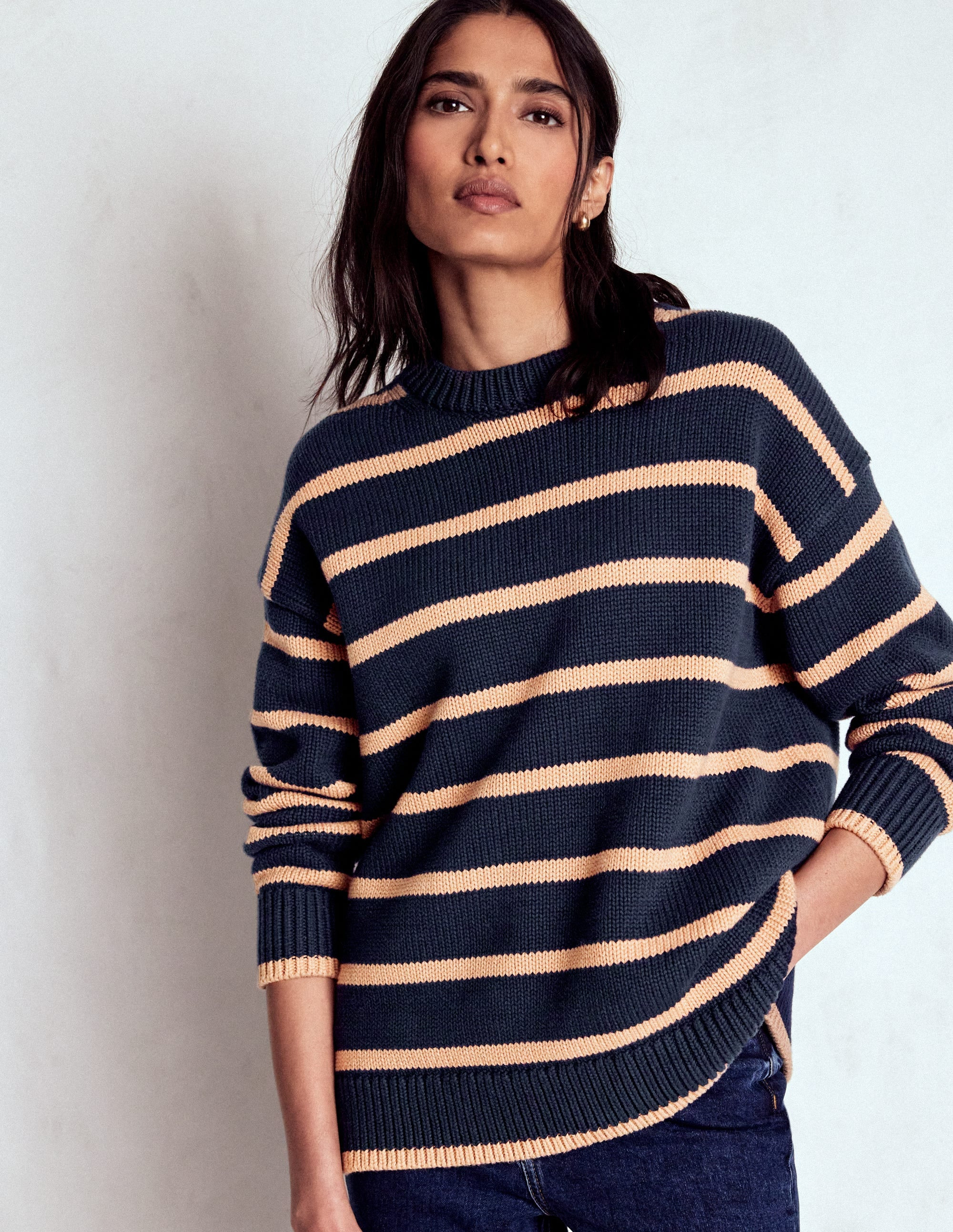 Lucy Oversized Cotton Jumper-Navy/ Camel Melange | Boden (US)