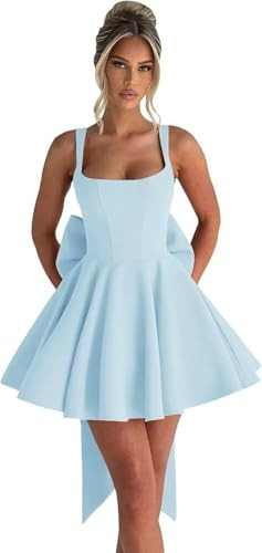 Eightale Sky Blue Homecoming Dresses for Teens Short Satin Prom Dress Square Neck Wide Straps A-Line Formal HOCO Party Gown with Bow Plus Size 18 | Amazon (US)