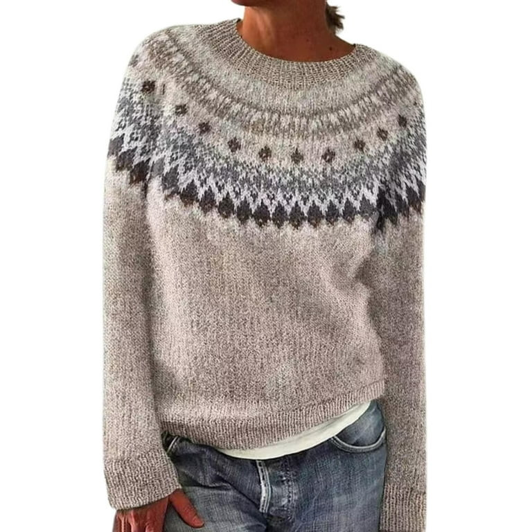 Bovemsi Womens Sweaters Cozy Women's Knitted Print Retro Sweater Casual Crewneck Long Sleeve Ligh... | Walmart (US)