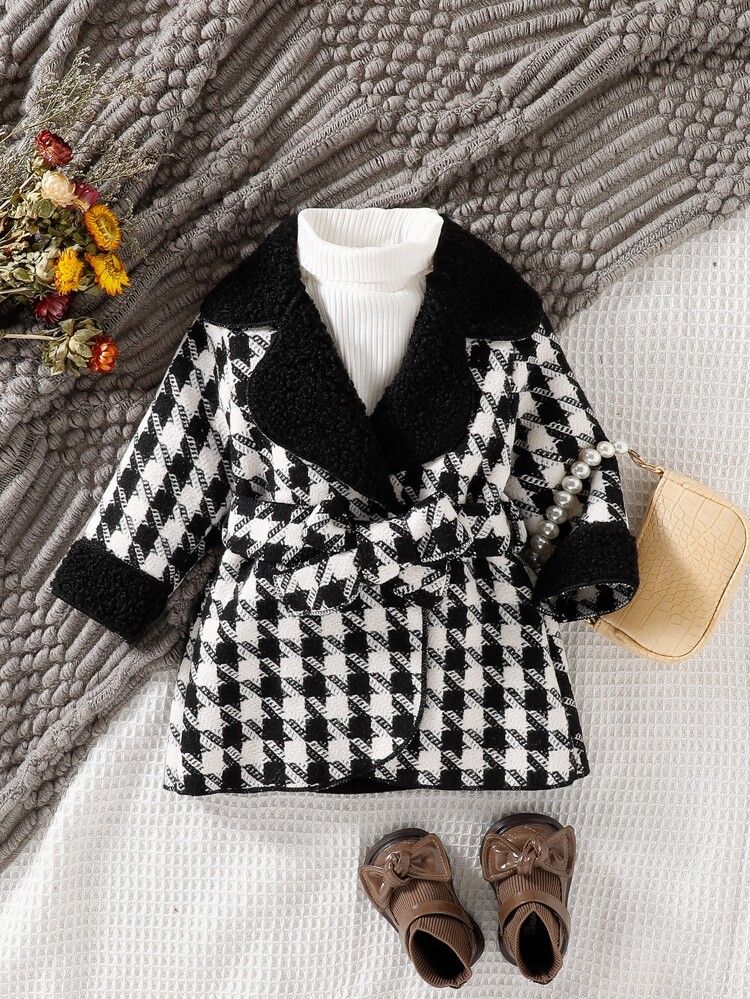 Baby Houndstooth Teddy Lined Belted Coat Without Sweater | SHEIN