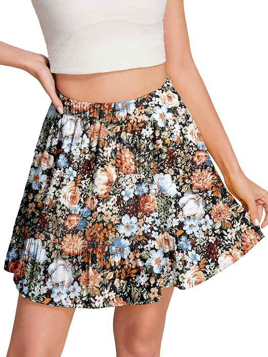 Women Pleated Floral Mini Skirts Boho Flowy Chiffon Short Skirt with Lining | Amazon (US)