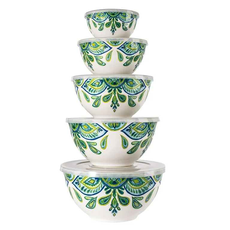 10 Piece Melamine Mixing Bowl Set with Lids, Green and Blue Floral | Walmart (US)