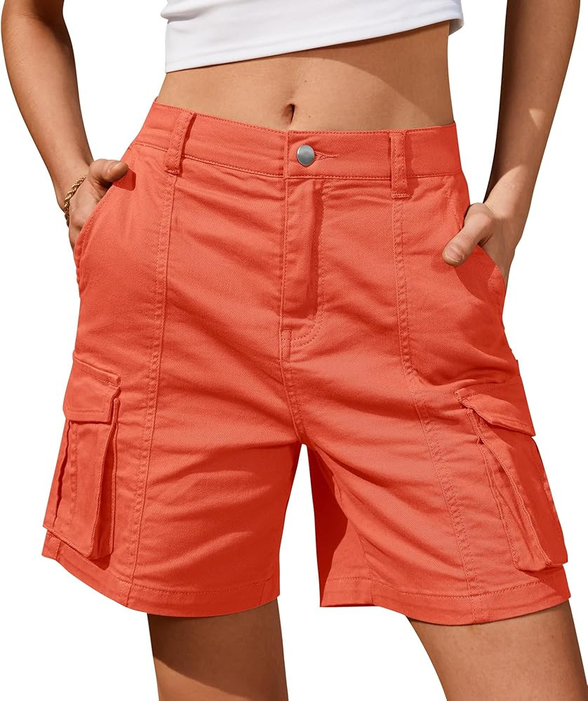 IVIR Bermuda Shorts for Women Cargo Shorts Knee Length 6 Pockets Elastic Waist Long Shorts for Su... | Amazon (US)