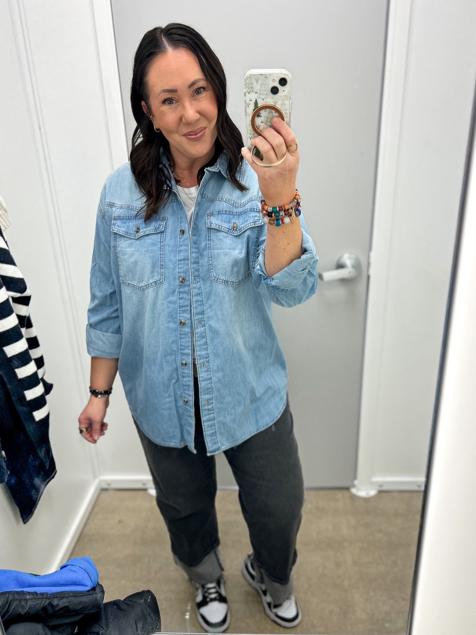 Hands down, one of the best denim tops I’ve ever tried on!  Large fits perfectly oversized and long enough for leggings. Nice and comfortable too. XL @gap tee. Size 16 regular @walmart jeans.  @nike dunks run true to size. On major sale right now! 

#LTKFindsUnder50 #LTKOver40 #LTKMidsize