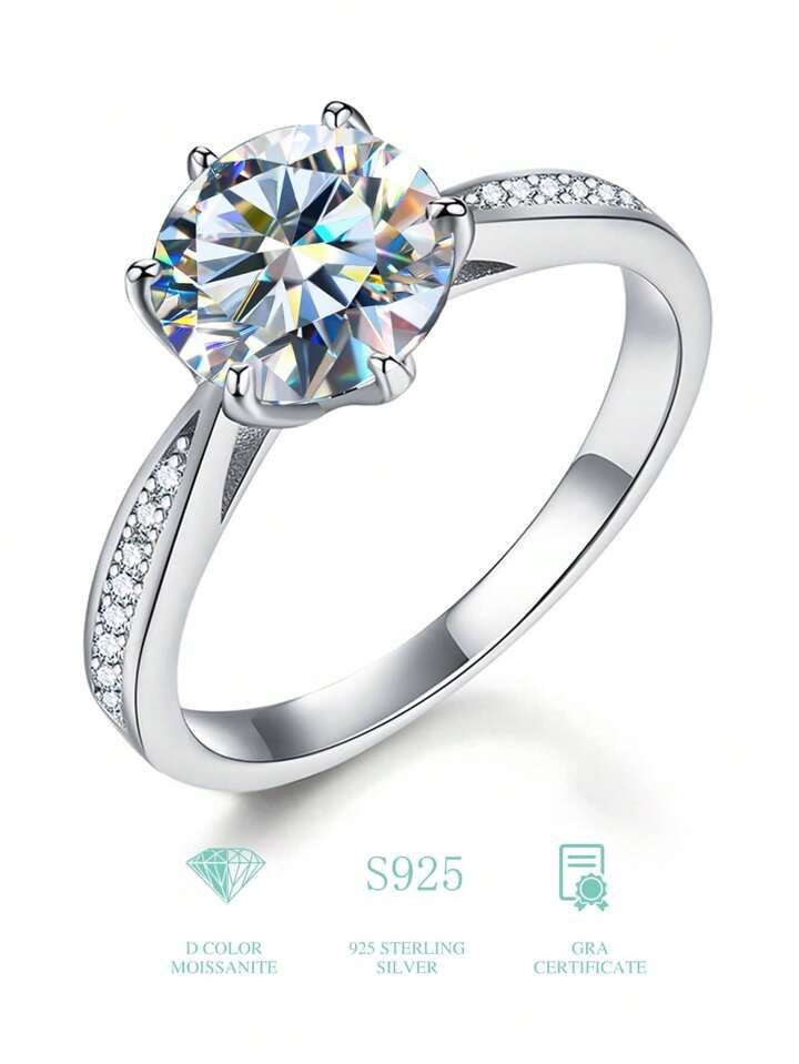 1 stuk Luxe Echt 2Ct Moissaniet Strass Ringen Voor vrouwen 925 Sterling Zilver Bruiloft Verloving... | SHEIN