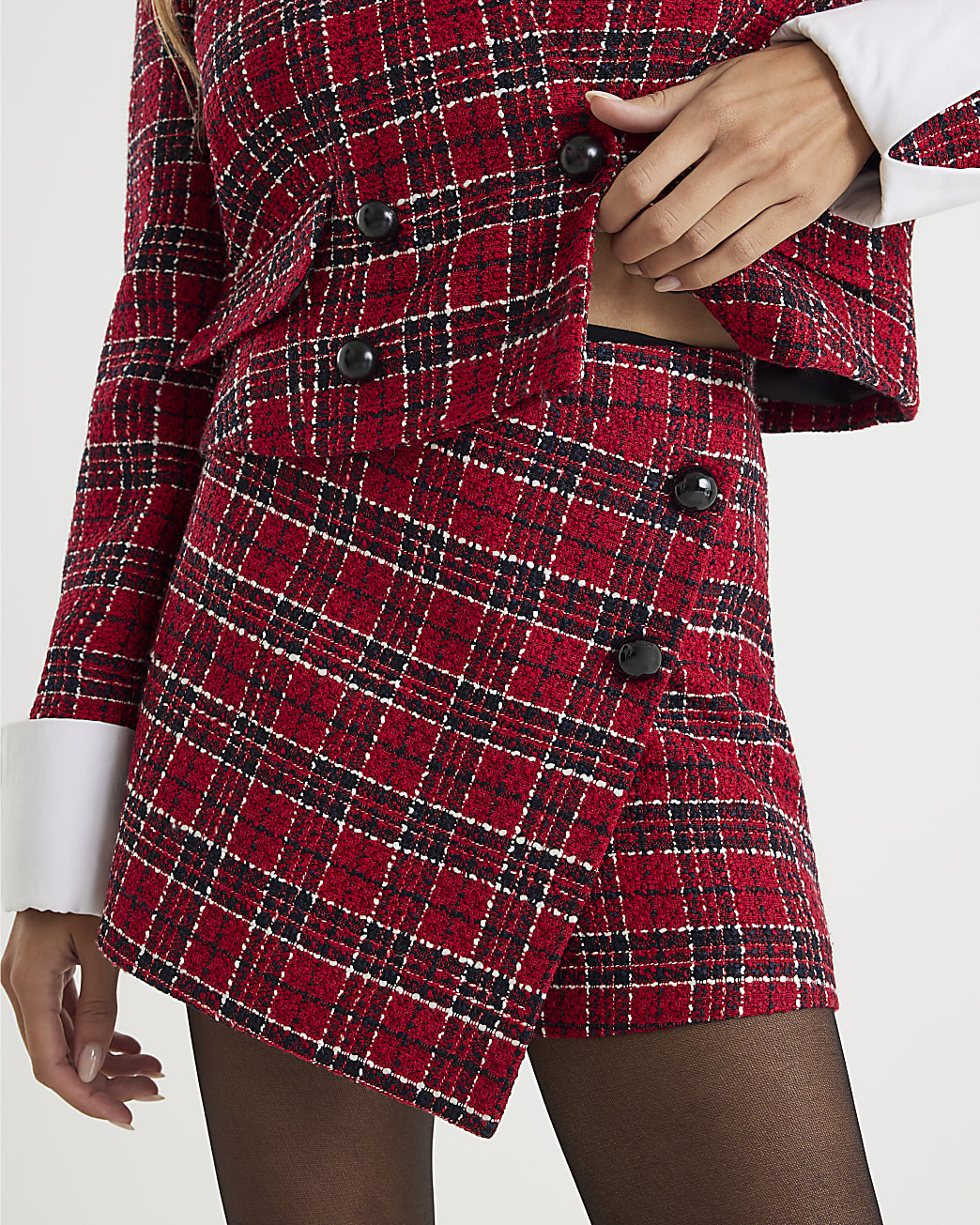 Red Boucle Tartan Asymmetric Wrap Skort | River Island UK & IE