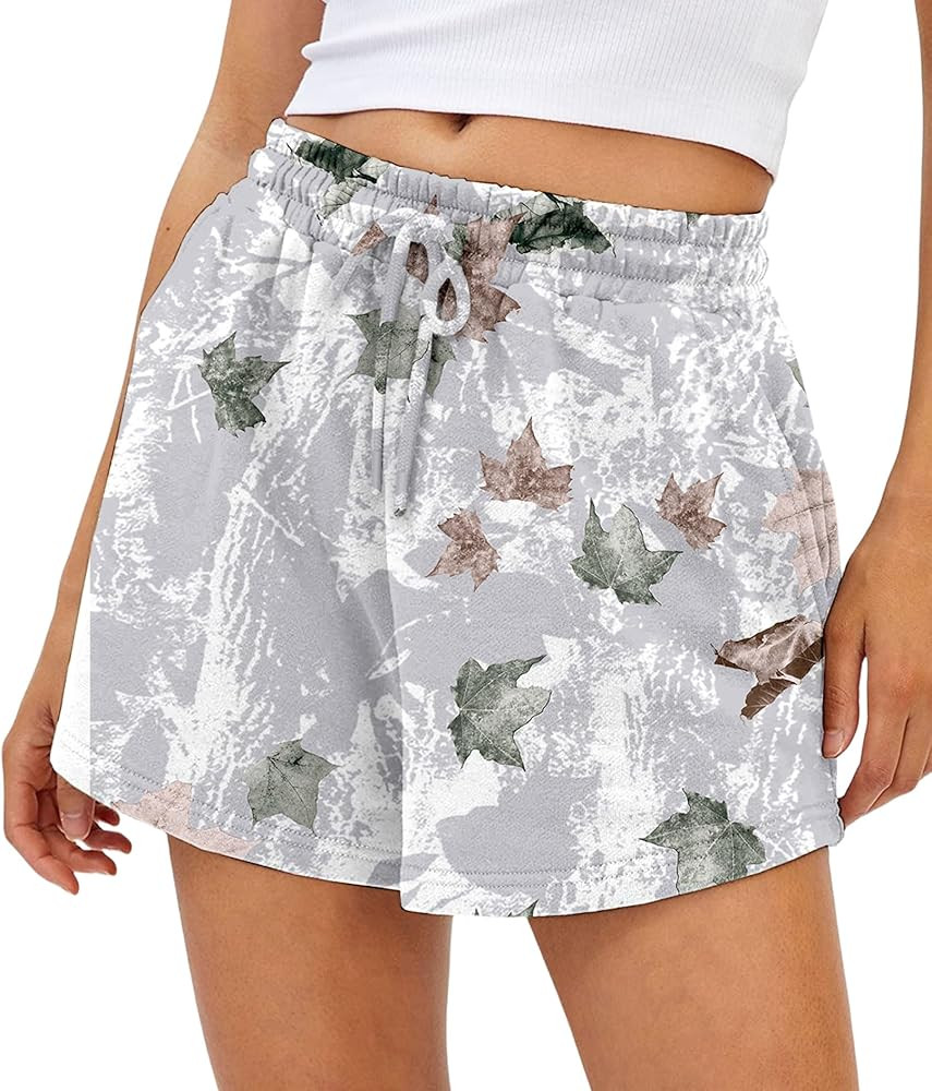 Camo Sweat Shorts for Women Drawstring Elastic Waist Maple Leaf Print Lounge Athletic Shorts with... | Amazon (US)