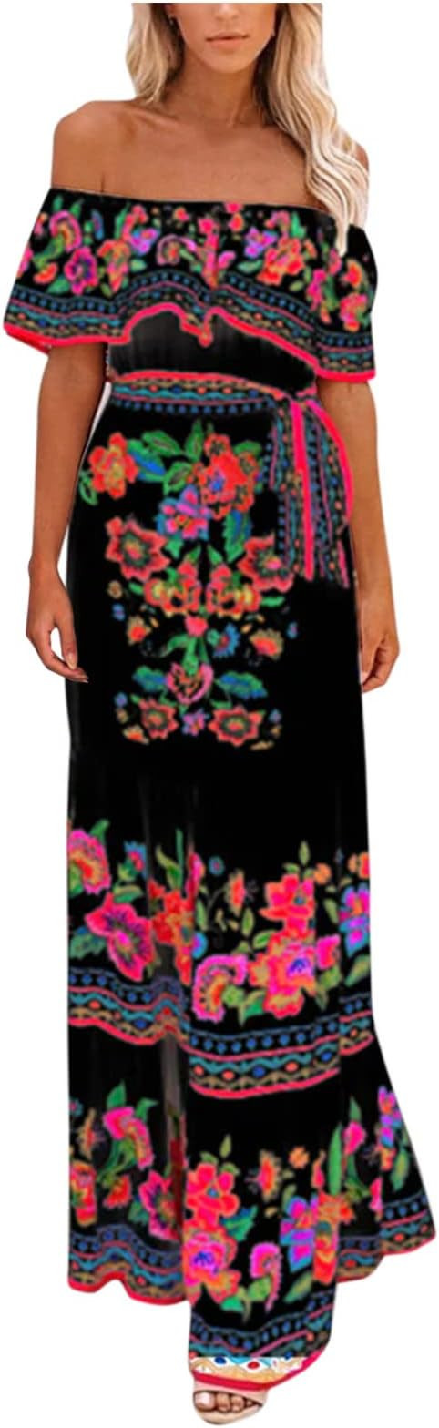 Mexican Dress for Women Off The Shoulder Ethnic Print Summer Maxi Dresses Ruffle Collar Party Cas... | Amazon (US)