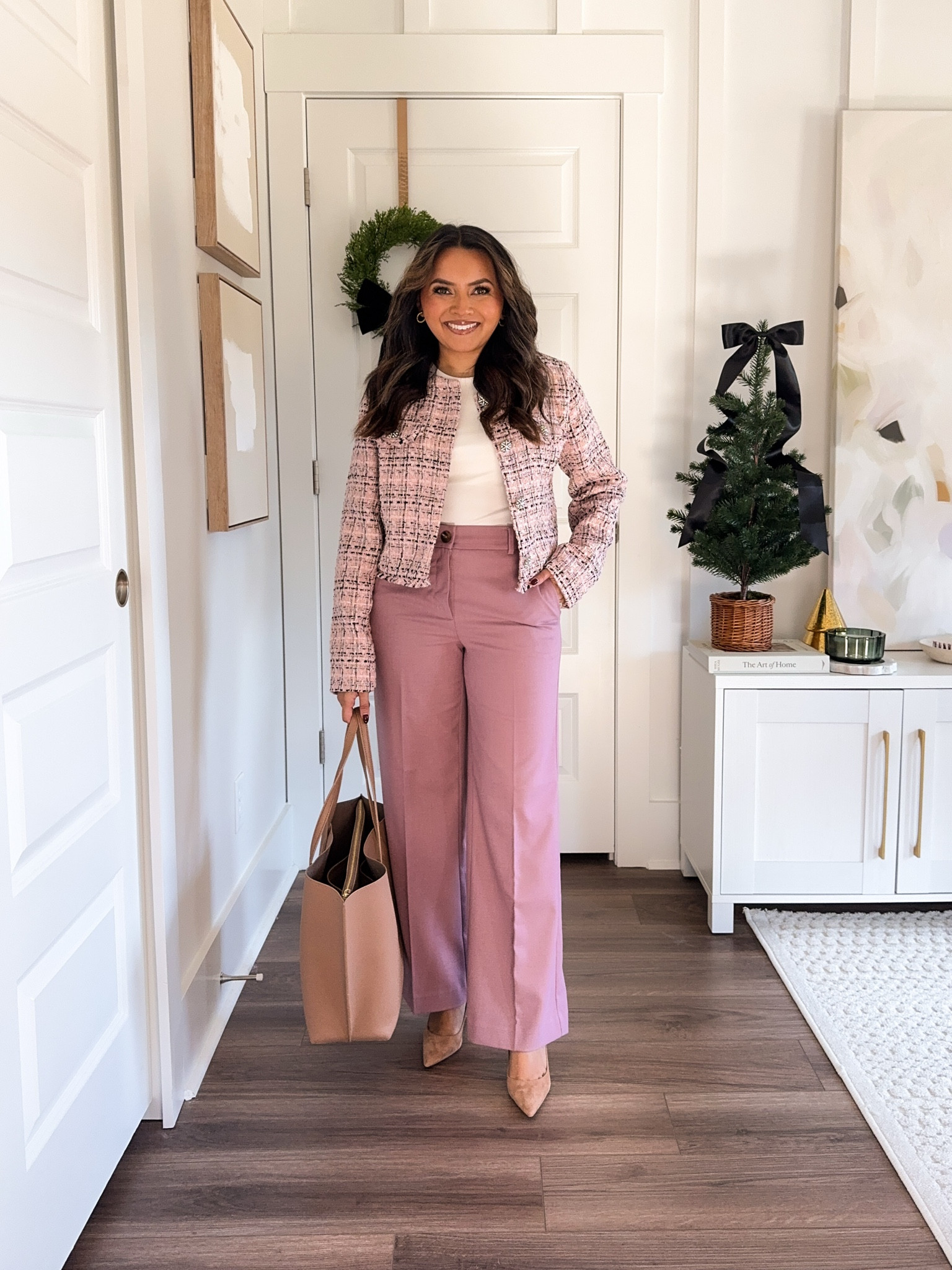 Pink tweed jacket size xs TTS 
White ribbed top size xs TTS
Pink rose wide leg pants - wearing size 2 petite, snug in the waist, I recommend sizing up a size
Tan suede heels size 5 TTS

Workwear
Winter office outfits
Petite pants
Petite style
Winter outfits
Winter style
Cold weather outfit
Honey Sweet Petite
Honeysweetpetite



#LTKWorkwear #LTKCyberWeek #LTKSaleAlert