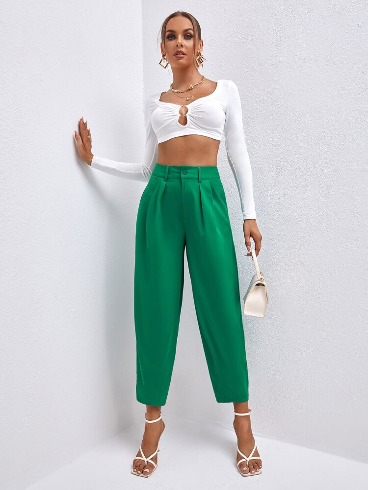 Slant Pocket Fold Pleated Tailored Pants | SHEIN