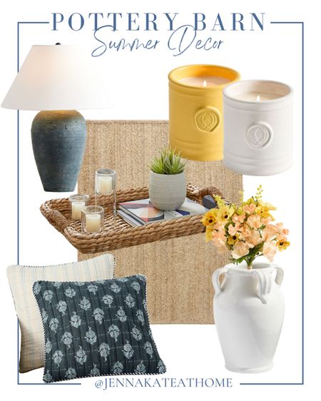 Pottery Barn summer home decor coastal style. Lamps, natural fiber rug, white and yellow, candles, wicker tray, decorative flourish pillows, ceramic vases, and artificial flowers.

#LTKHome #LTKFamily