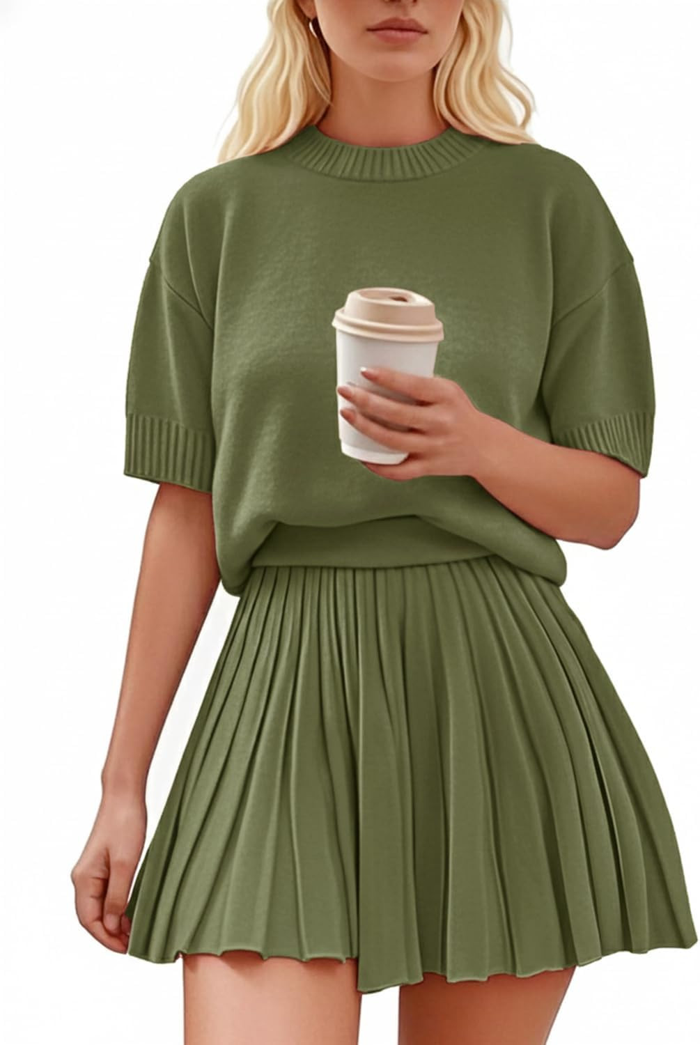 Womens 2 Piece Outfits 2026 Short Sleeve Crewneck Knit Tops And Pleated Mini Skirt Two Piece Sets | Amazon (US)