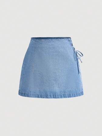 SHEIN MOD Plus Lace Up Side Denim Skirt | SHEIN