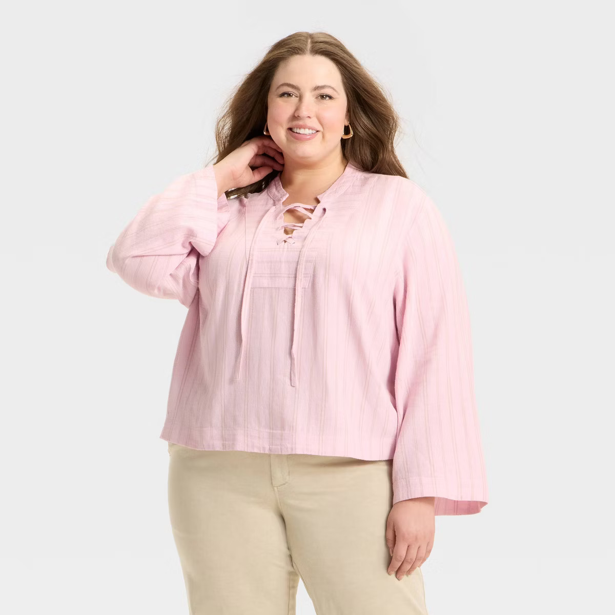Women's Bell Long Sleeve Tie-Front Popover Blouse - Universal Thread™ Pink Striped XXL | Target