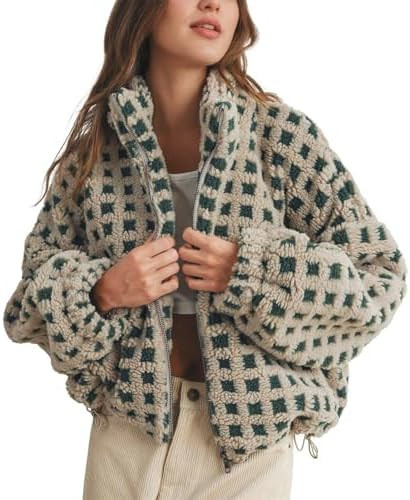 Womens Checkered Sherpa Jacket Cropped Long Sleeve Plaid Fleece Coats Casual Zip Up Gingham Outwe... | Amazon (US)