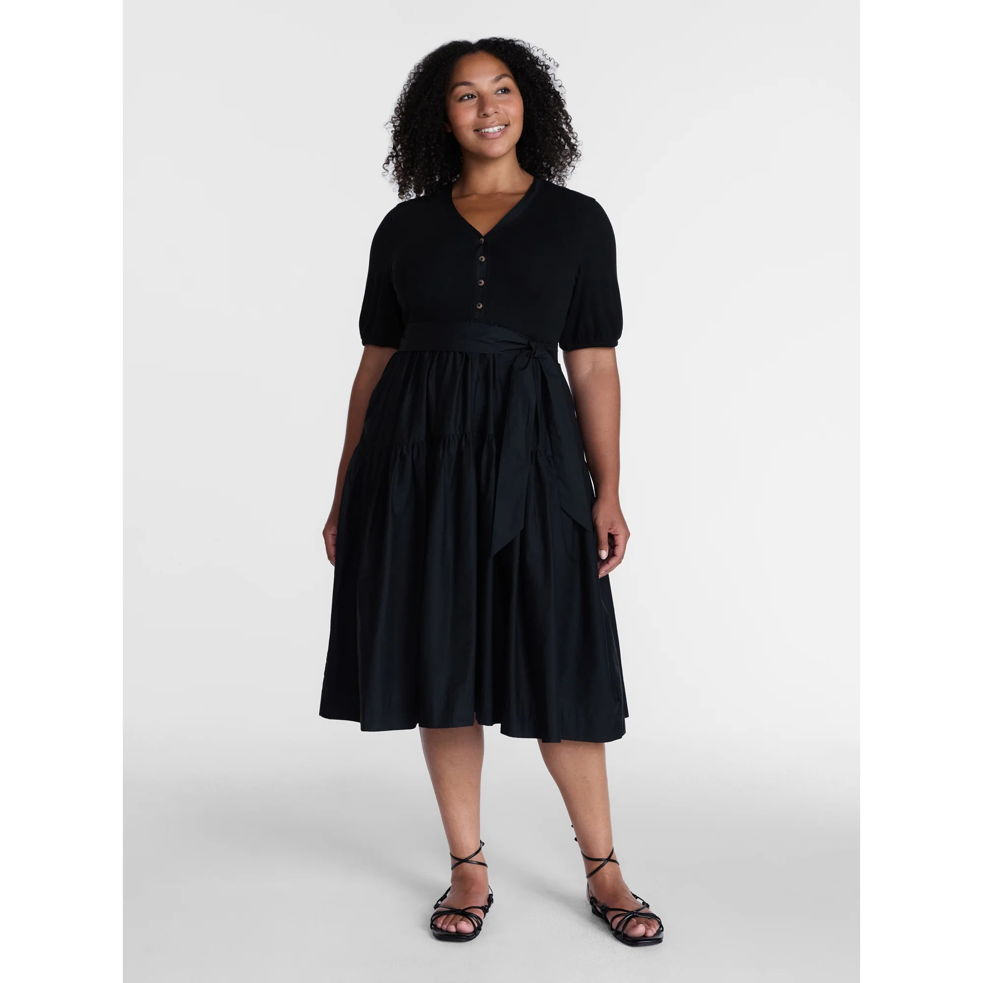Time and Tru Women's Mixed Media Midi Dress with Puff Sleeves, Sizes XS-XXXL | Walmart (US)