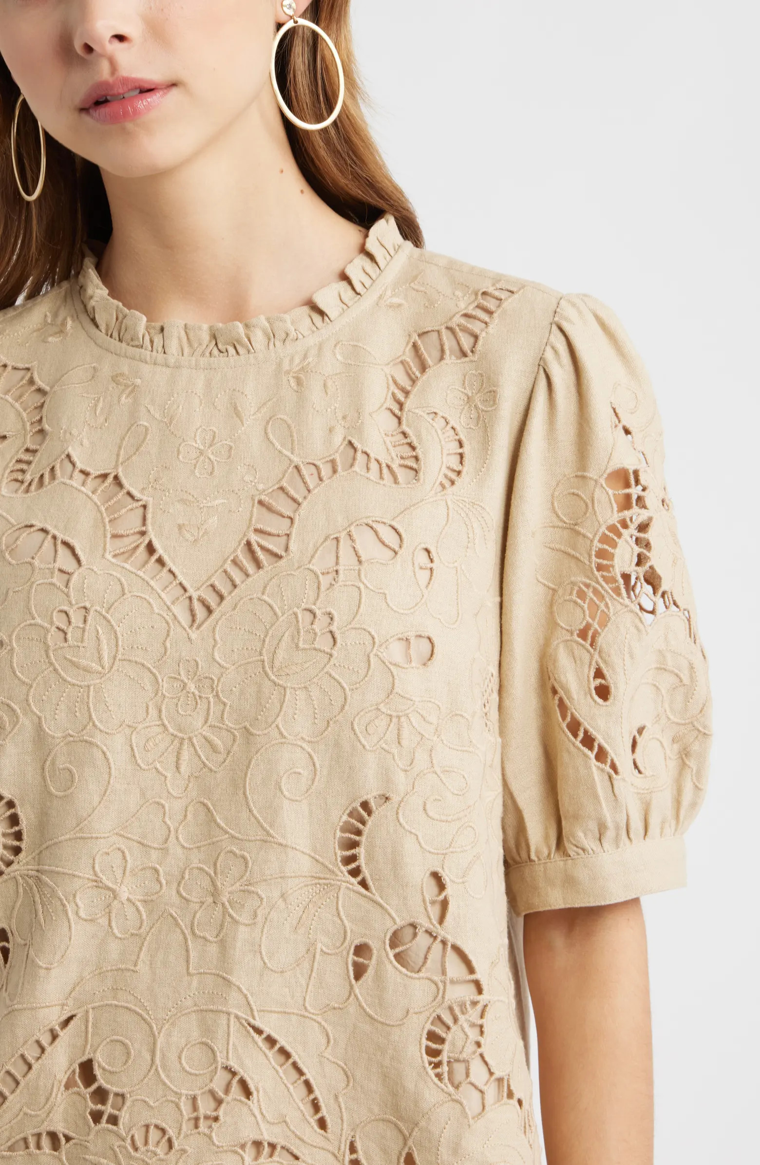Embroidered Cutwork Puff Sleeve Linen Blend Top | Nordstrom