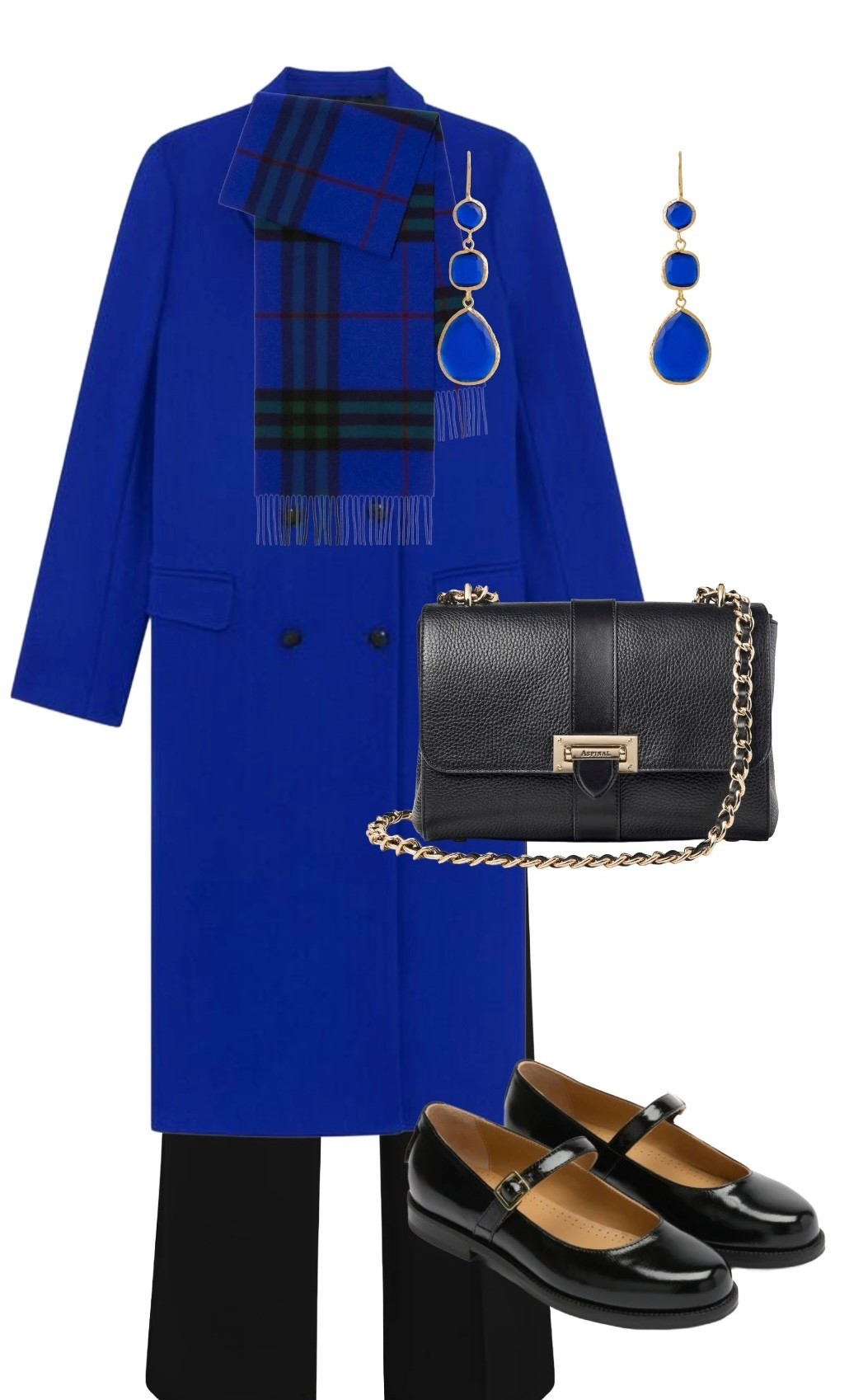 Beautiful in blue 💙💙💙 I love these pieces and you can catch most items on sale currently!

Peak Lapel Double Breasted Wool Coat (on sale!) The Kooples

Lottie Black Bag (on sale!) - Aspinal of London 

Black Wide Leg Trousers - Holland and Cooper

Blue Cat Eye Dangle Earrings (on sale!) Ebru at Wolf & Badger

Dotty Black Patent Mary Jane Flats (on sale!) - Russell and Bromley

Blue Check Scarf - Burberry 

#LTKluxury #LTKfestive #LTKeurope