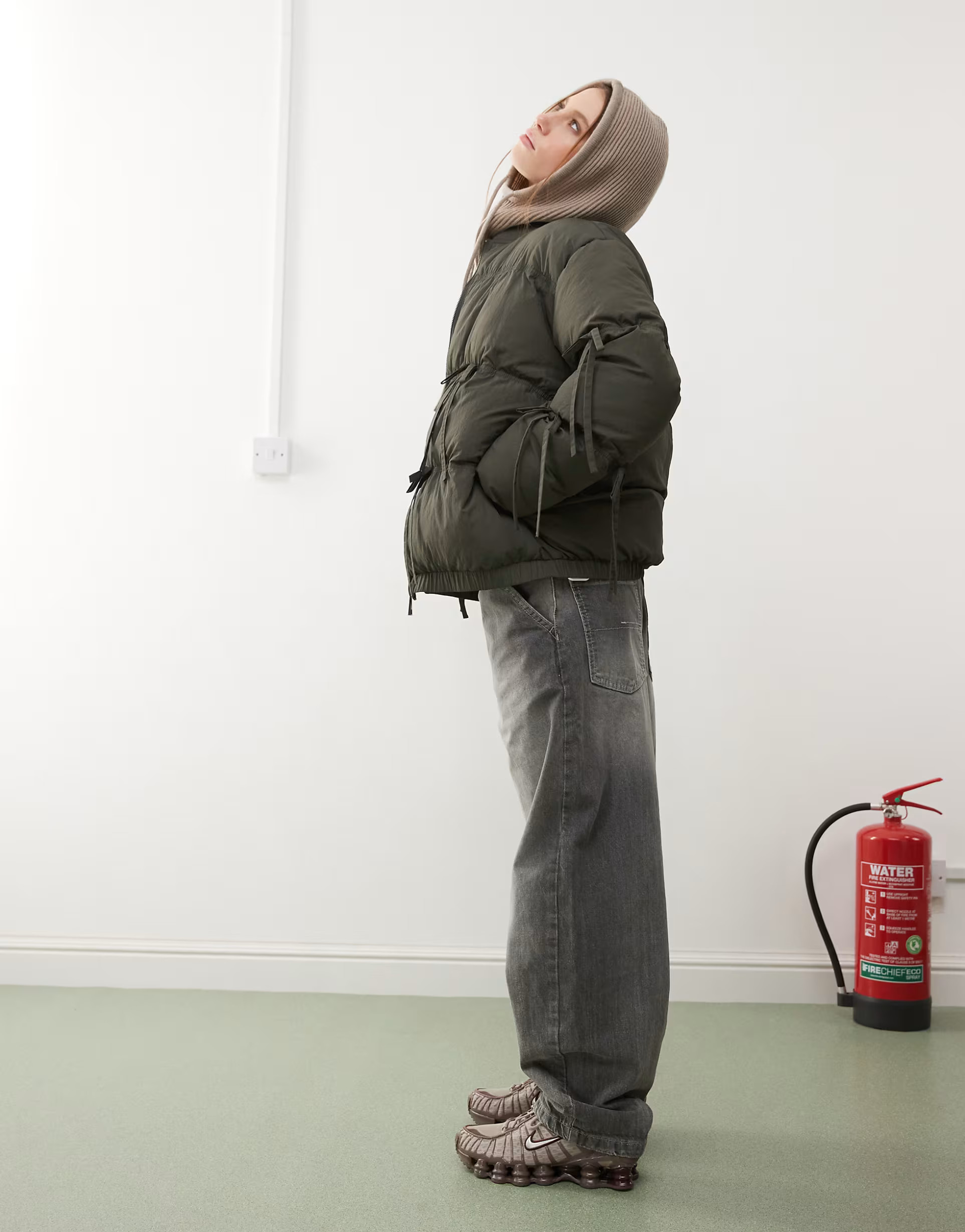 COLLUSION bow detail puffer coat in khaki | ASOS (Global)