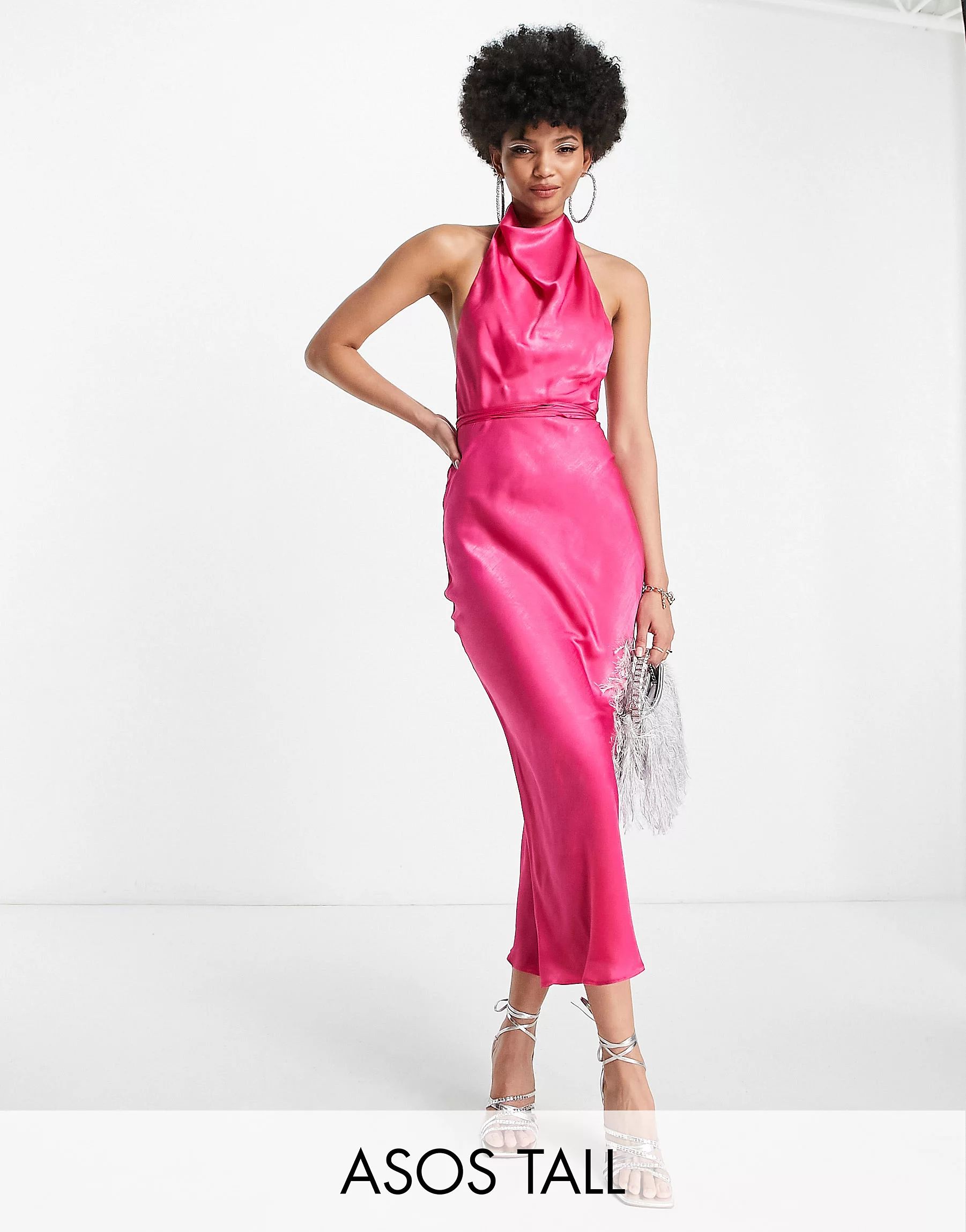ASOS DESIGN Tall cowl neck halter midi with tie wrap waist in bright pink | ASOS (Global)