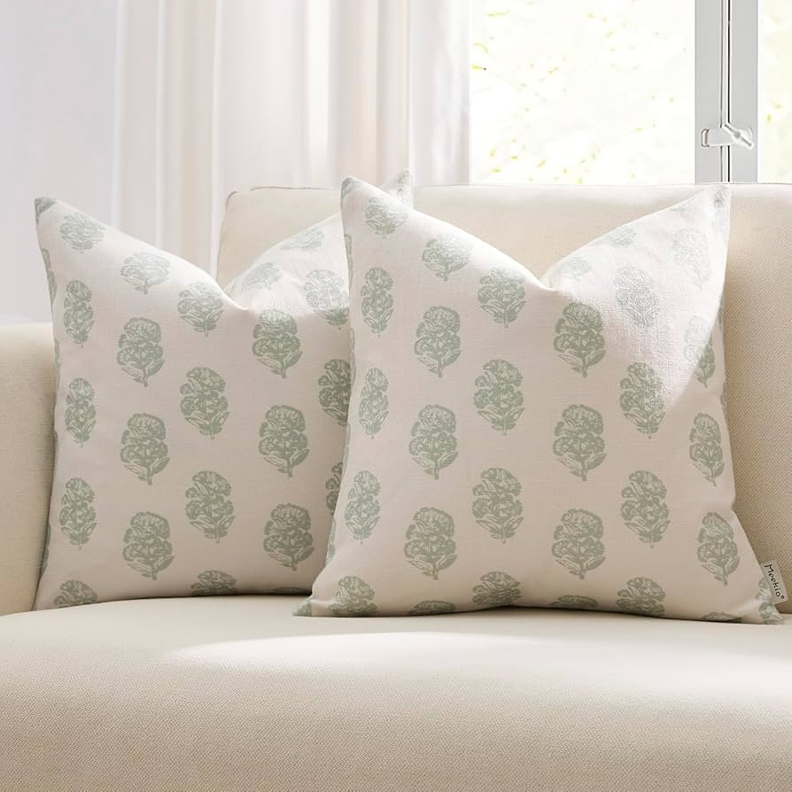 Meekio Set of 2 Sage and White Patterned Pillow Covers 18x18, Farmhouse Block Print Decorative Th... | Amazon (US)