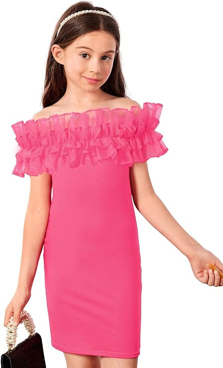 WDIRARA Girl's Off Shoulder Ruffle Trim Short Sleeve Party Pencil Mini Dress | Amazon (US)