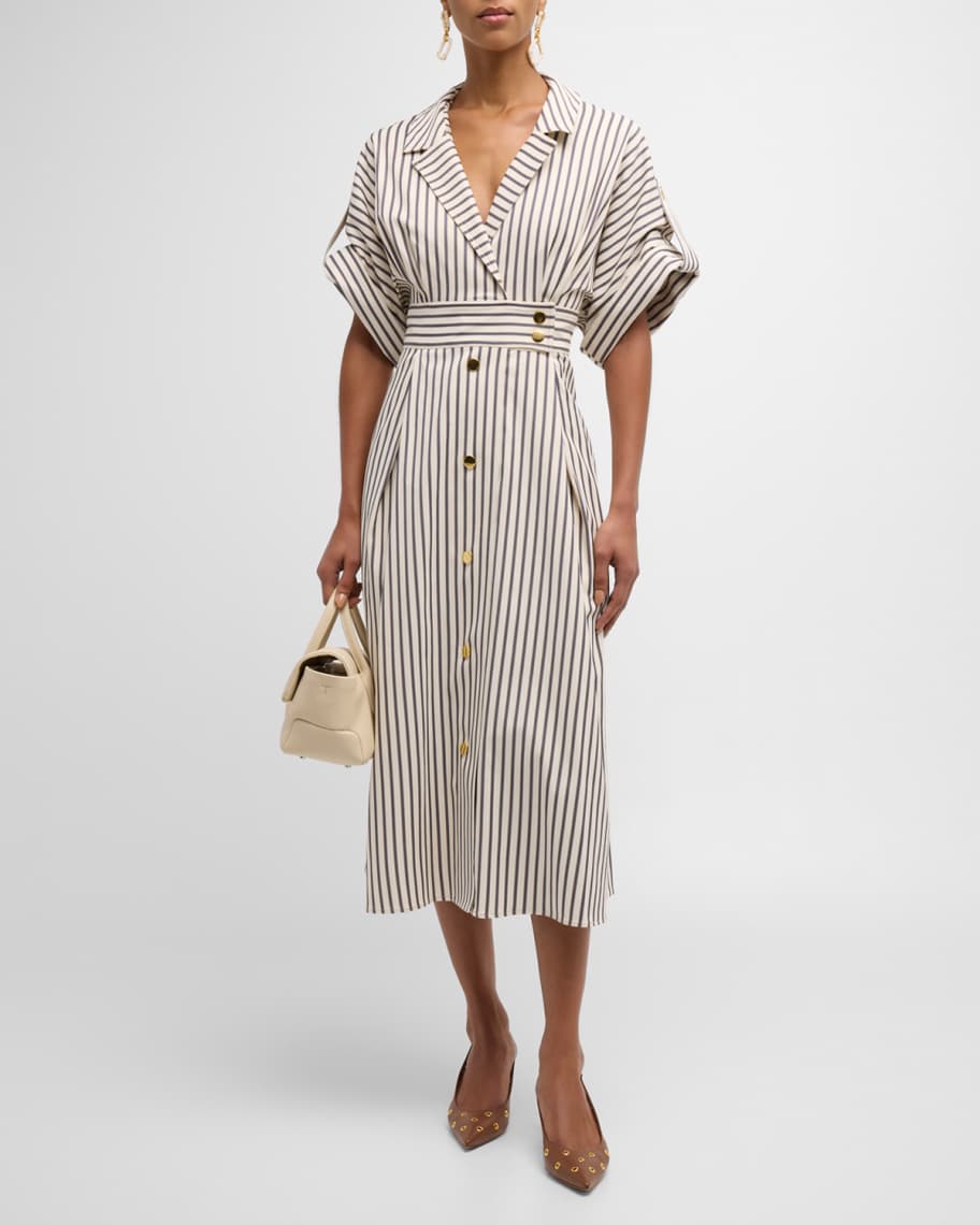 Carolina Herrera Striped Belted Shirtdress with Gold-Tone Buttons | Neiman Marcus