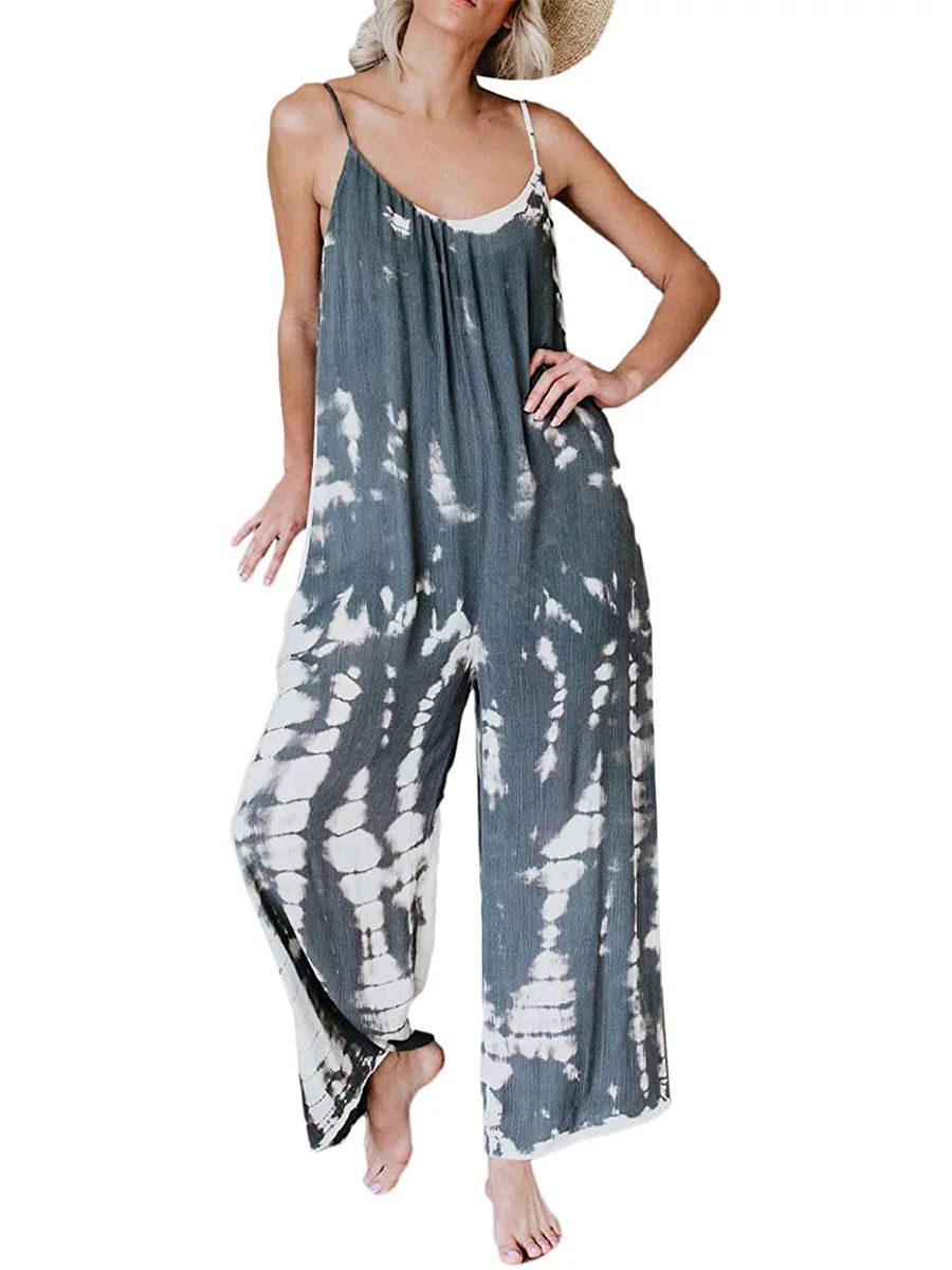 Selfieee Women's Tie Dye Jumper Harem Wide Leg Jumpsuit V Neck Summer Romper 10001 Gray Meidum | Walmart (US)